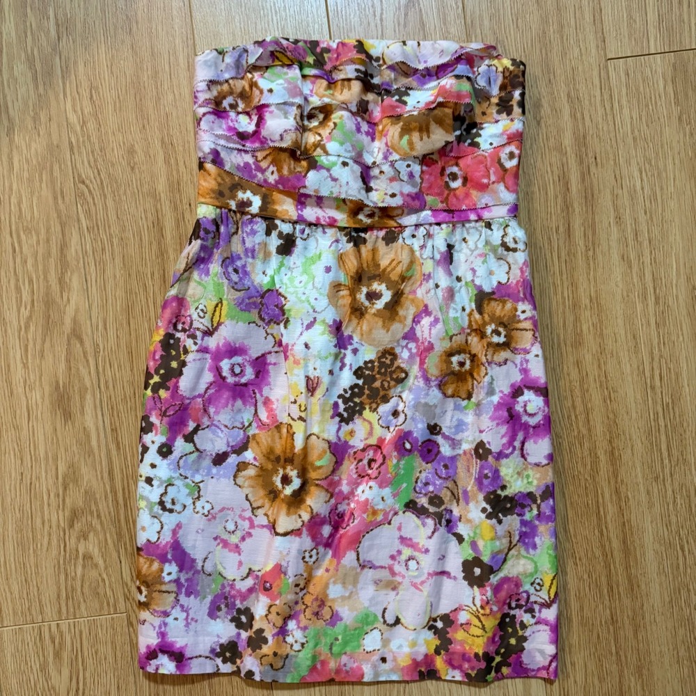J.Crew Strapless Floral Mini Dress Women 6 Pink Silk Blend Excellent Ruffle Tier